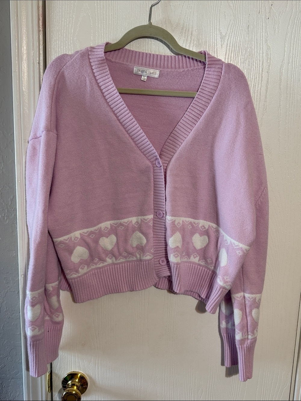 Lilac Heart-Trim V-Neck Button Cardigan Sweater